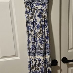 Blue Floral Maxi Dress with Crochet Trim